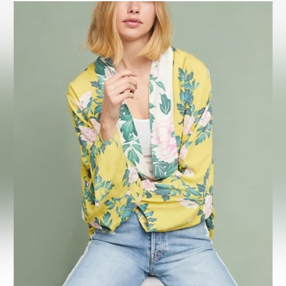 Anthropologie Elma Floral Yellow Kimono Womens One Size Boho Cottagecore